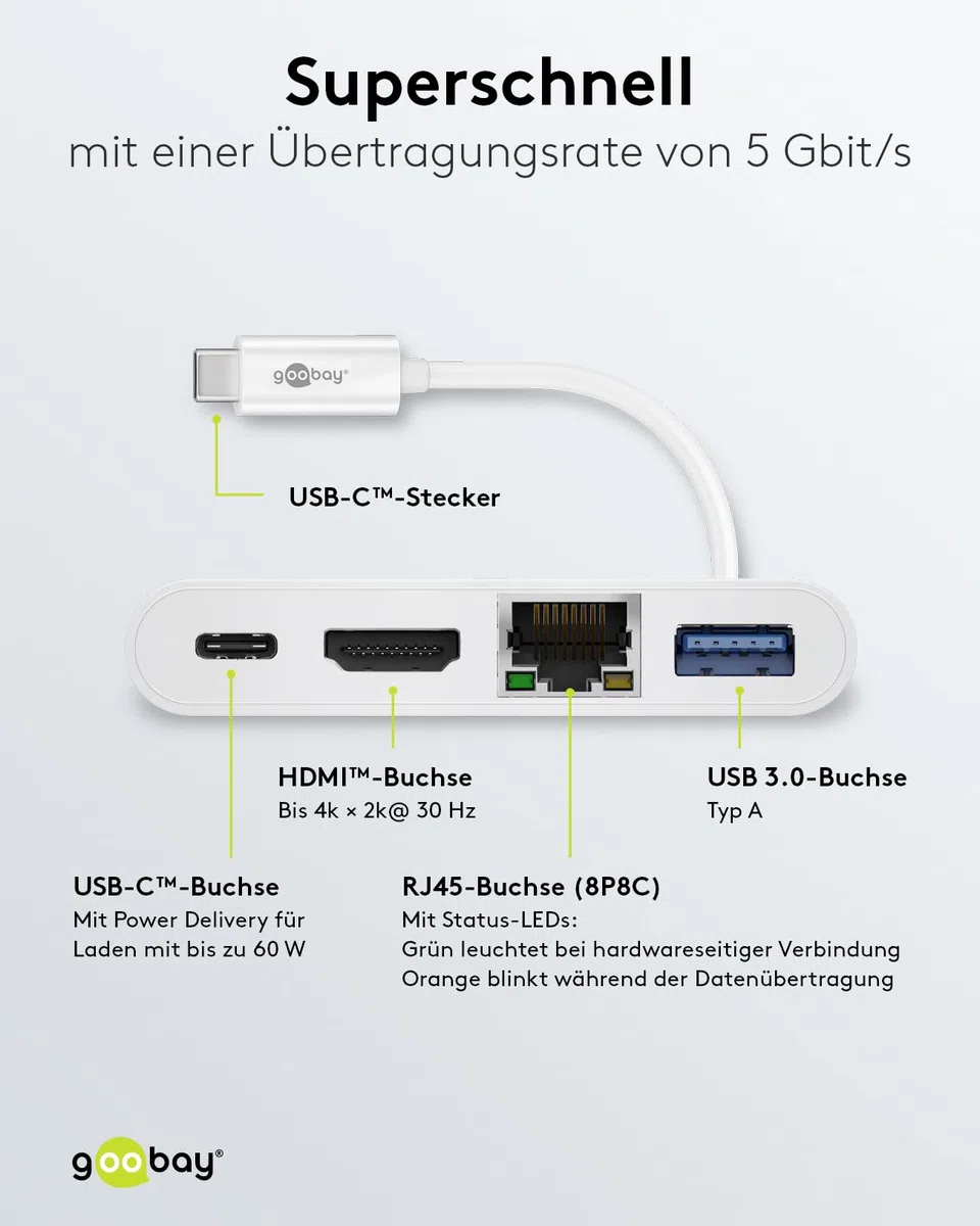 Goobay 62105 Multiport adapter USB-C, HDMI + Ethernet, PD, biały