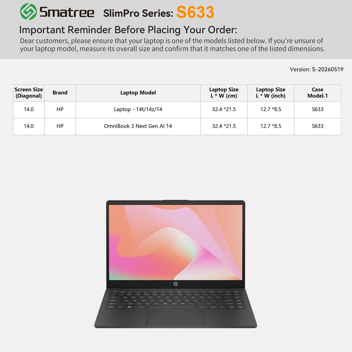 Smatree SlimPro Pokrowiec na laptopa 14-calowy HP Laptop 14t/14z/14, do HP OmniBook 3 Next Gen AI 14, etui z kieszenią na akcesoria, opatentowany design Super-Corner (S633)