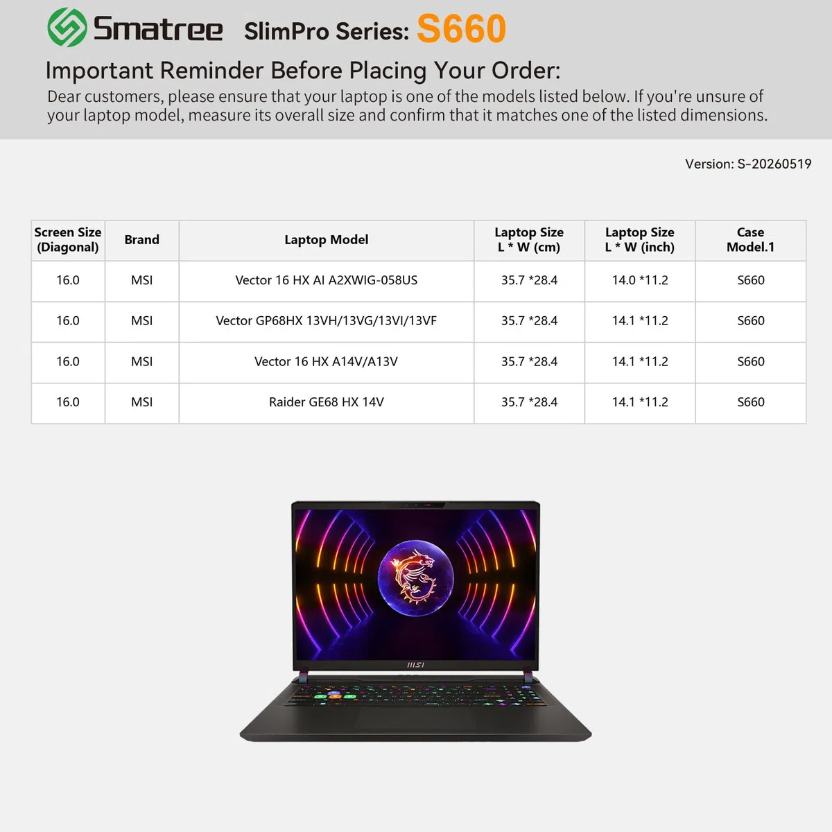 Smatree SlimPro pokrowiec na laptopa 40.6 cm MSI Vector 16 HX AI A2XWIG-058US, Vector GP68HX 13VH/13VG/13VI/13VF, do Vector 16 HX A14V/A13V, Raider GE68 HX 14V, etui (S660)