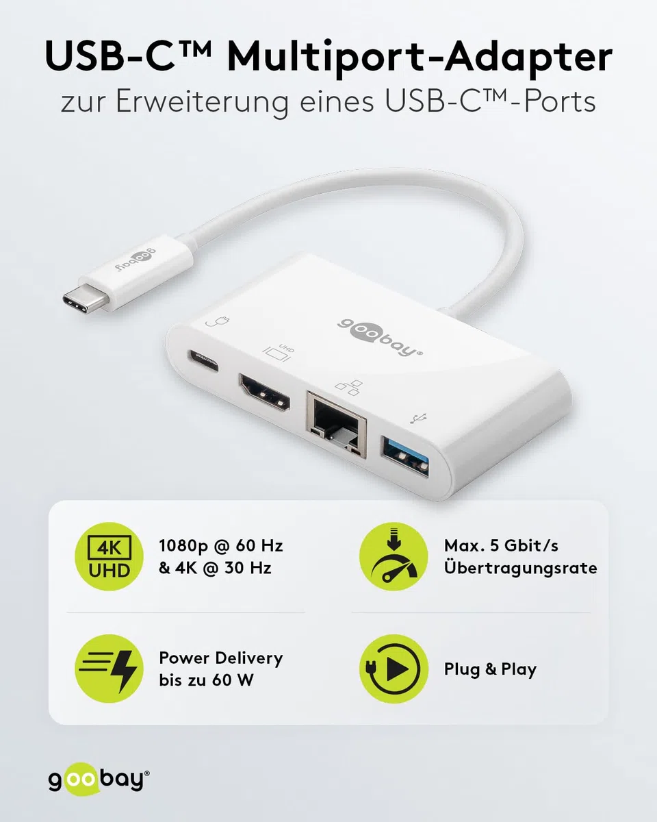 Goobay 62105 Multiport adapter USB-C, HDMI + Ethernet, PD, biały