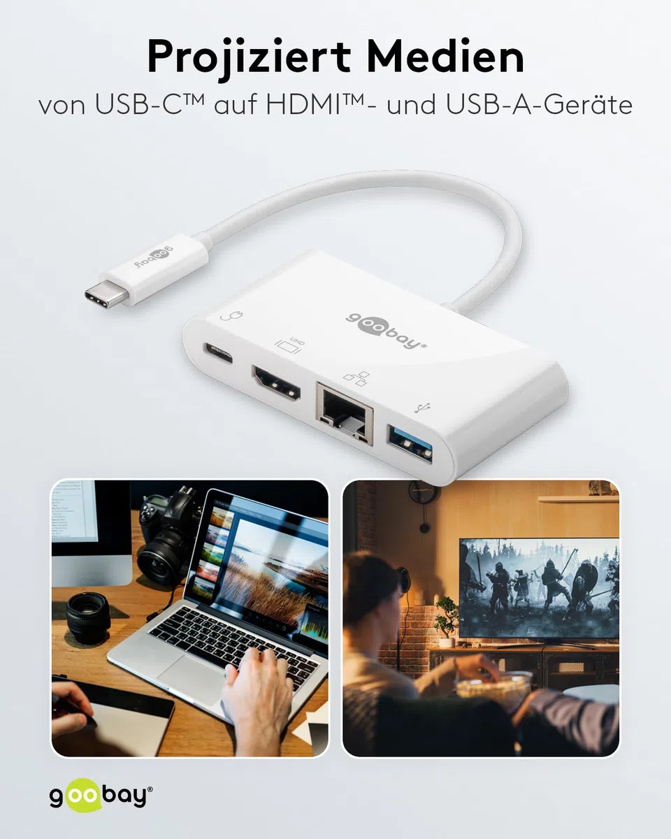 Goobay 62105 Multiport adapter USB-C, HDMI + Ethernet, PD, biały